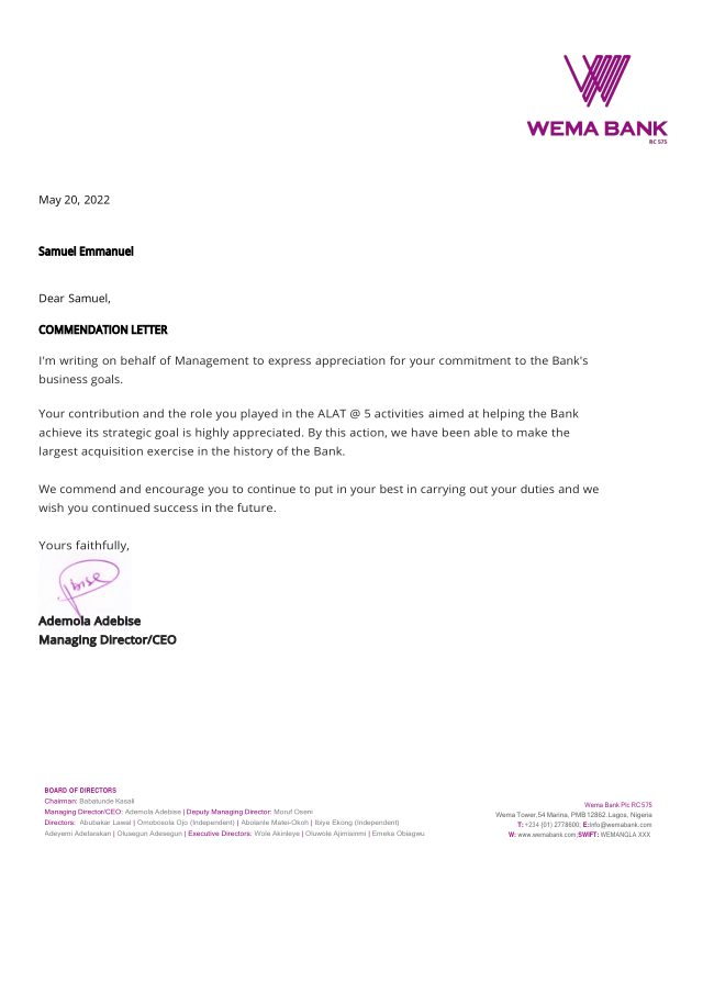 Wema Bank Letter of Commendation